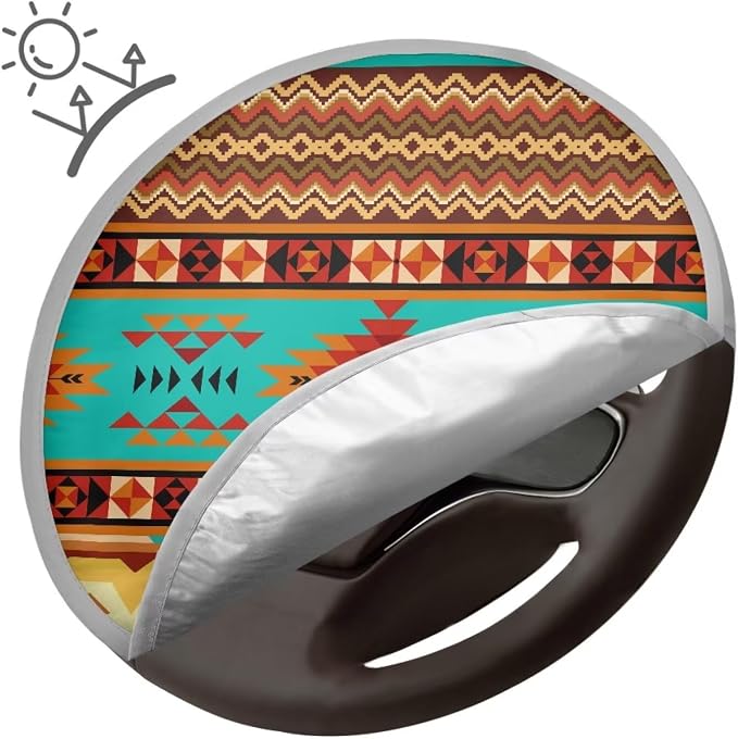 Aztec Steering Wheel Sun Shade Cover Anti-Heat Steering Wheel Sun Block Cover Heat Reflector Universal 17 inch Steering Wheel Sunshade for Most Cars SUV Sedan Van Trucks