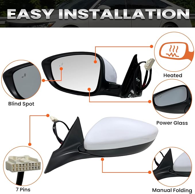 Left Driver Side Mirror Compatible with 2018-2022 Honda Accord LX Sport Power Glass | Heated | with Blind Spot | Manual Folding Repalces HO1320329 (7Pins-Pearl White)