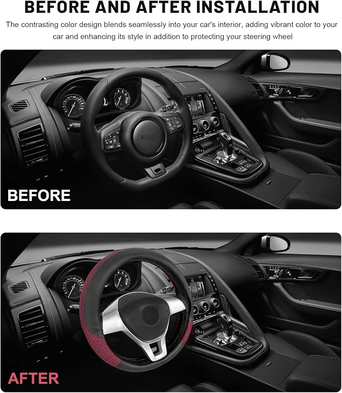 Sun Walker Steering Wheel Cover, 15 inch Breathable Steering Wheel Protector with Anti-Slip Lining, Comfortable Wheel Wrap Cover for Most Vehicles, Universal Car Accessories (Red)