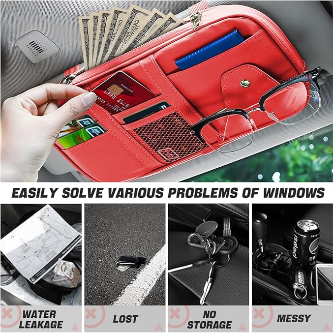 Car Sun Visor Organizer, Sunglass Holder and Storage Pocket, Card Cash Pouch with Multi-Pocket Net Zipper, Case Bag for License Pen Key, Auto Interior Accessories for Truck, SUV, Van (Red)