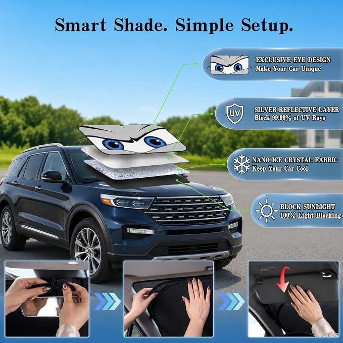 Car Windshield Sun Shade, Universal Fit Full-Size SUV Pickup MVP, Cool Gray | 63 x 33.86" Large Windshield Cover, Foldable Front Window Sunshade, UV Heat Protection, Cute Eyes Series