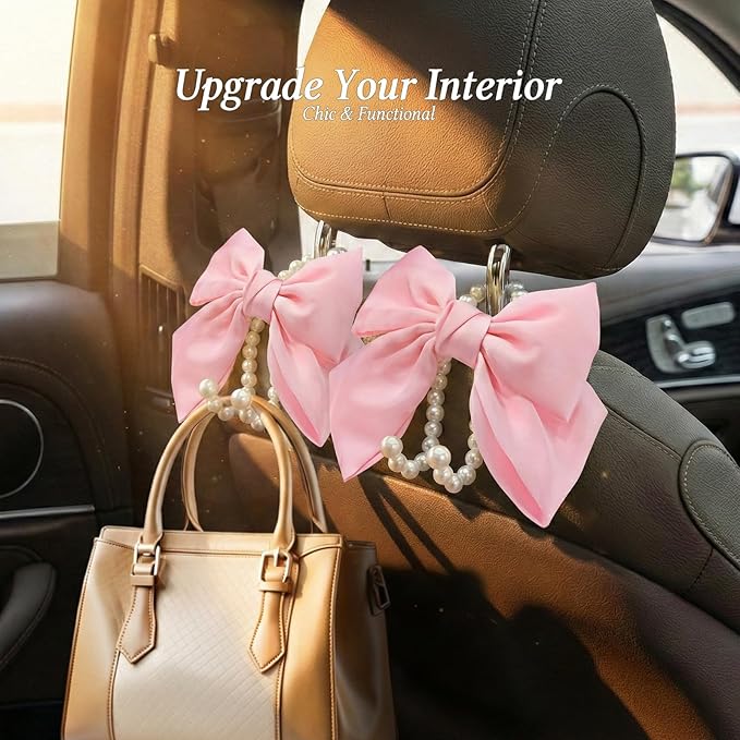 2PCS Satin Bow Pearl Car Seat Headrest Hooks – Car Bag Holder & Vehicle Hanger for Purses – Cute Coquette Aesthetic Interior Decoration – Cute Auto Organizer Accessories Universal (Pink)