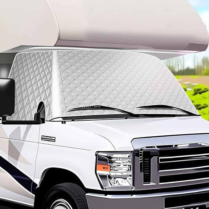 RV Windshield Cover for Class C Fo-rd 1997-2025 Motorhome, RV Windshield Window Snow Cover for Ice and Snow Front Window Sunshade Cover Block UV Ray, RV Accessories with Mirror Cutouts Silver