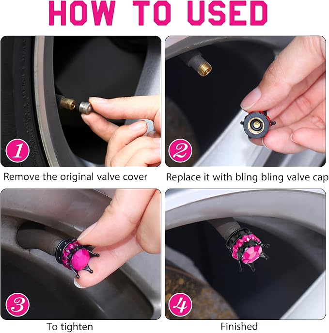 4 Pieces Crown Tire Valve Stem Caps Bling Handmade Crystal Rhinestone Universal Chrome Crown Vehicle Car Tire Caps Covers, Attractive Accessories for Car (Rose Red)