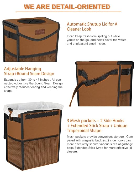 Car Trash Can with Lid, Cute Leakproof Car Trash Garbage Bag Hanging Vehicle Trash Bin Small Portable Automotive Garbage Cans Organizer for Back/Front Seat(Trapezoid,Brown)