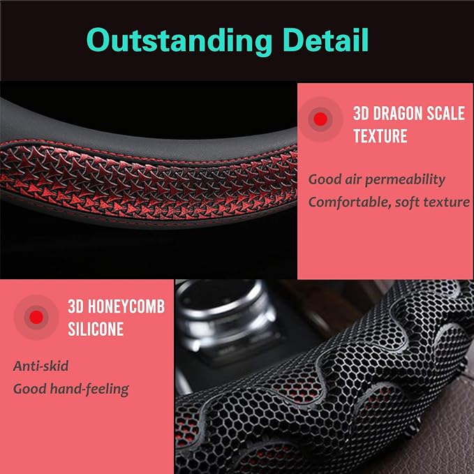 Steering Wheel Cover Great Grip with 3D Honeycomb Anti-Slip Design, Universal 14.5-15 Inch (Wine Red)