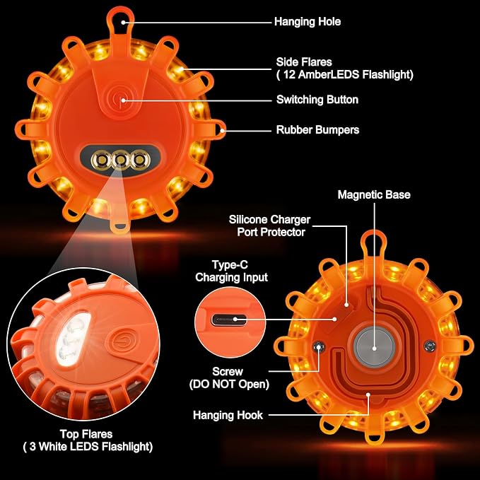 USB C Rechargeable LED Road Flares Emergency Lights Roadside Warning Car Traffic Safety Beacon Flashing Disc Flare Kit Strobe with Magnetic Base for Construction Vehicles Truck Boat, 3 Pack