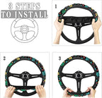 Puppy Paws Print Steering Wheel Protection Stretch-on Fabric Machine Washable Women Men Neoprene Automotive Steering Wheel Covers Sweat Absorption Comfort Grip for Driver Black Colorful