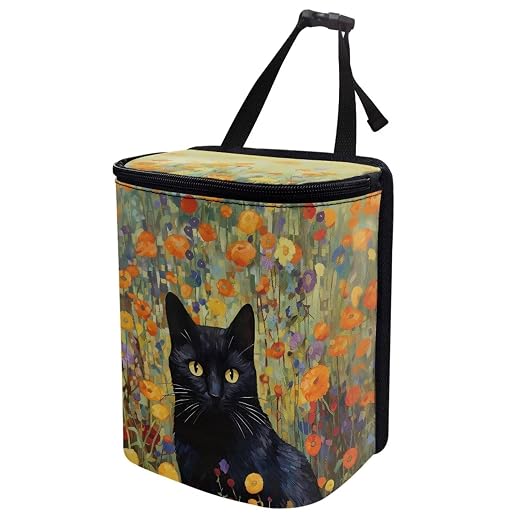 Cat Flower Print Car Trash Can with Lid, Leak Proof Auto Trash Bag Hanging Vehicle Garbage Can Multipurpose Storage Container for Back Seat Road Trip