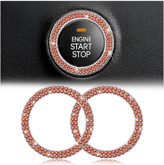 Bling Car Engine Start Ring Decals, 2PCS Crystal Rhinestone Vehicle Push Start Button Cover Sticker, Key Ignition Knob Ring, Sparkling Automotive Interior Accessories (Double Orange Red)