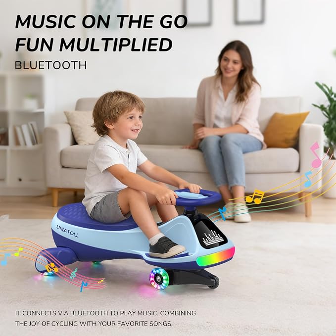 12V Electric Wiggle Car for Kids with Pedal, Display, Rechargeable Battery, LED Light, Bluetooth, Light-Up Wheels, Anti-Rollover, 2 Speeds, Ride on Toys, Birthday Gifts for Age 3+, 150Lbs