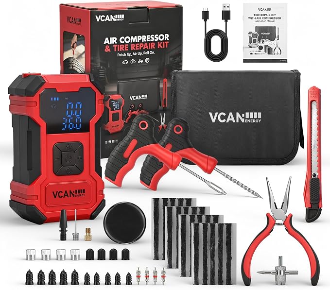 Flat Tire Repair Kit with Air Compressor, 150PSI Portable Air Pump with Auto-Stop & LED, Heavy Duty Tire Plug Kit for Car, SUV, Truck, Jeep, Motorcycle, Roadside Emergency Assistance（Red)