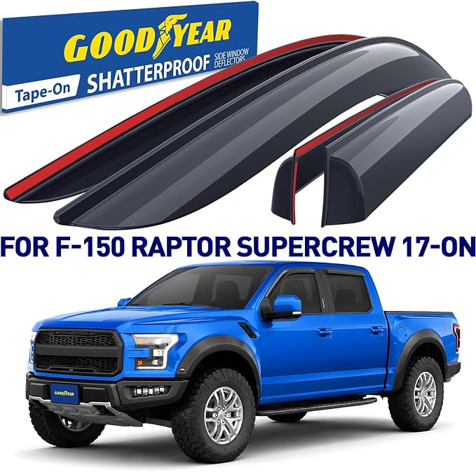 Goodyear Shatterproof Window Deflectors for Ford F150 Raptor 2017-2026 SuperCrew, Tape-on Rain Guards, Window Visors,Vent Deflector Visor, Car Accessories,4 pcs. - GY008519