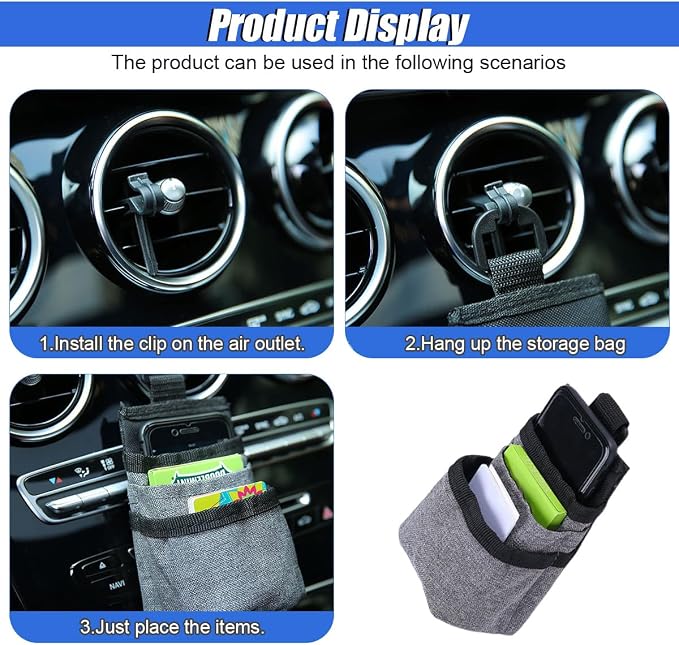 Car Air Vent Storage Bag, Multifunctional 3-Pockets Front Seat Organizer with Charging Port, 600D Oxford Fabric Hanging Pouch Bag, Car Vent Accessories for Key, Pen, Phone, Sunglass (Grey)