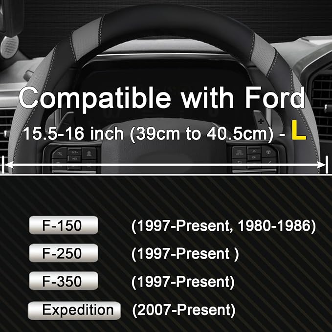 Customized Auto Car Steering Wheel Cover for Ford F-150, F-250, F-350, Expedition (Black+Gray)