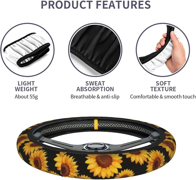 Sunflower Steering Wheel Cover Universal 14.5-15 Inch Non-Slip Sunflower Car Accessories