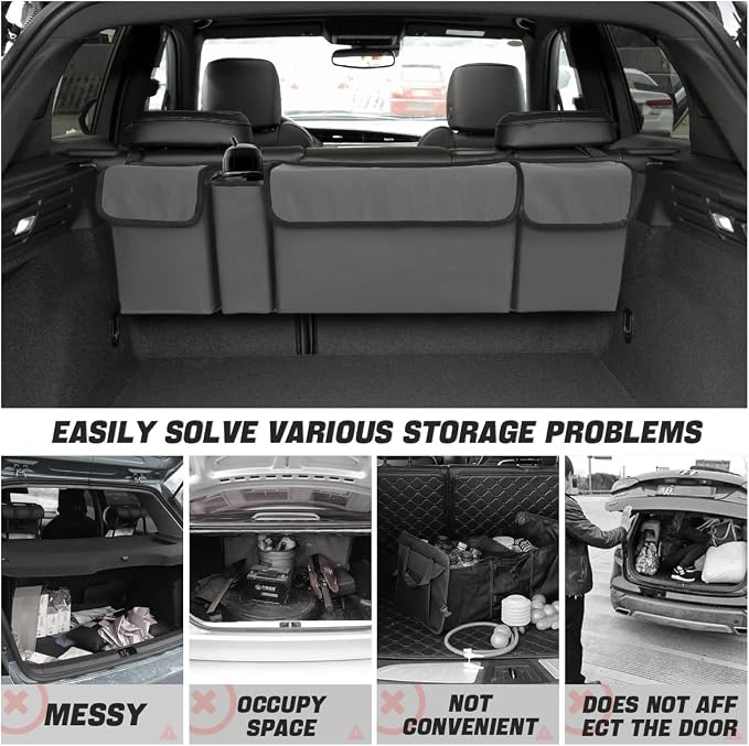 Car Trunk Organizer, Backseat Hanging Large Storage with Adjustable Straps, Waterproof Collapsible Cargo Bag with 4 Pockets, Sturdy Space Saver Frees Trunk Floor for SUV, Truck, MPV