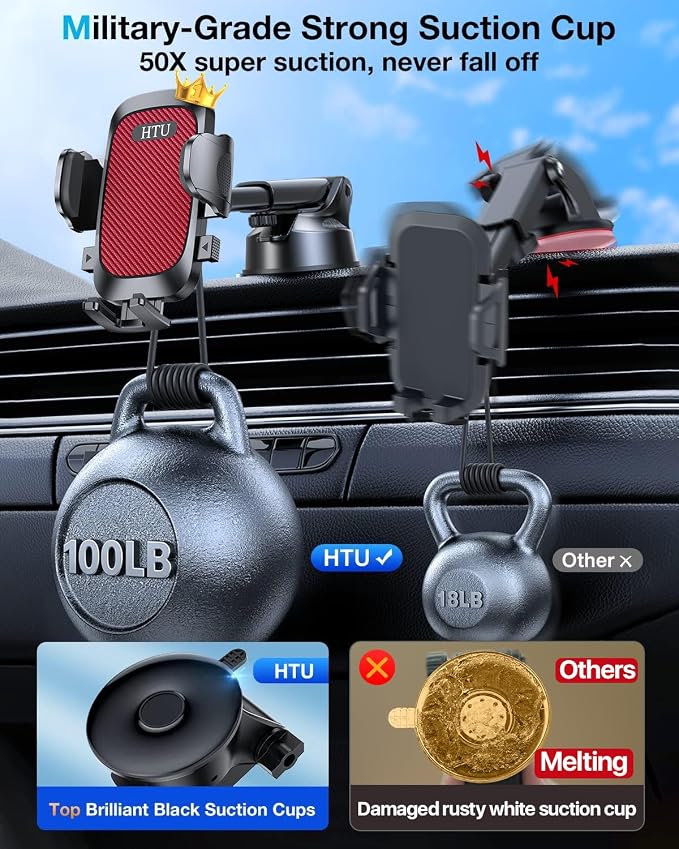 HTU Car Phone Holder【2026 Upgraded 100+LBS Suction & Safety Cert】 Cell Phone Car Mount for Truck Heavy Duty Phone Holder for Dashboard/Windshield/Vent for iPhone 17 16 Pro Max, Red