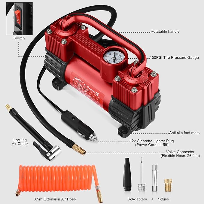 12V Heavy Duty Tire Inflator Metal Portable Air Compressor Pump | 6X Faster Inflation Dual Cylinders 150PSI Air Pump with Adapter for Car, RV,Pickup Truck, SUV, Van,Camper, Air Bed,Ball