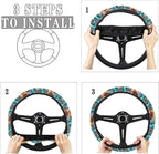 Car Steering Wheel Cover Universal 15 Inch Steering Wheel Wrap Anti-Slip Soft Elastic Decorative Auto Accessories All Weather Protection, Aztec Running Horse Teal