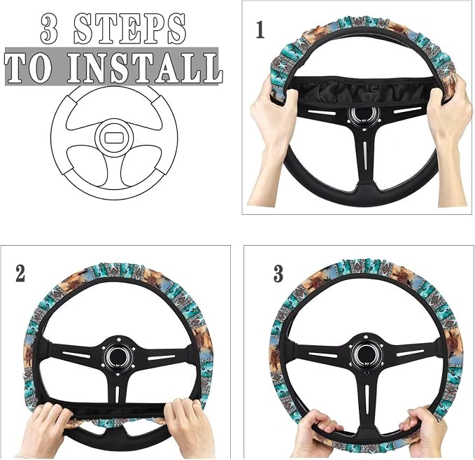 Car Steering Wheel Cover Universal 15 Inch Steering Wheel Wrap Anti-Slip Soft Elastic Decorative Auto Accessories All Weather Protection, Aztec Running Horse Teal