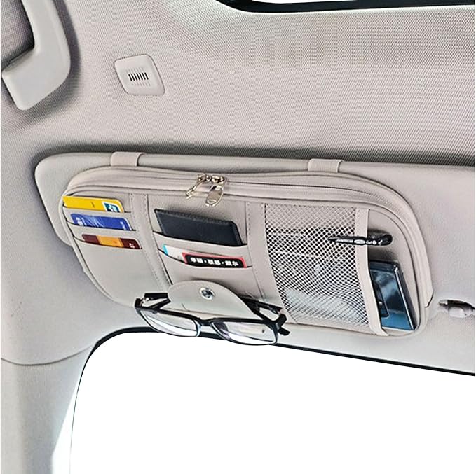 Car Sun Visor Organizer, Multi-Pocket Visor Organizer Storage Pouch for Cars, SUVs & Trucks with Double Zippers, Elastic Bands & Glasses Clip - Organizes Essentials Keep Tidy (Cream Grey)
