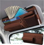 Car Sun Visor Organizer, Car Visor Pocket Wallet Pouch Holder, Vehicle Sunshade Glasses Case Storage Bag with Multi-Pocket Net Zipper, Auto Interior Accessories Universal for SUV Truck Van (Brown)