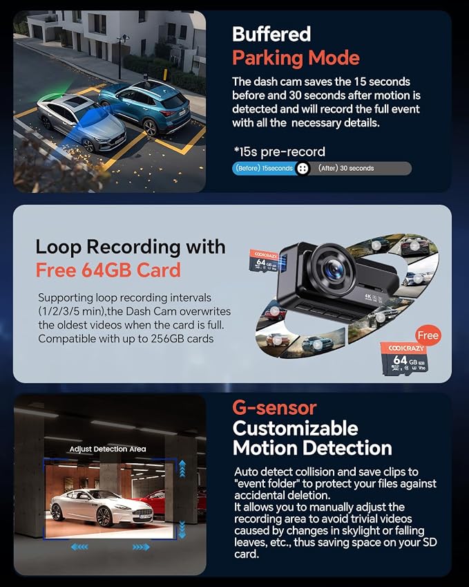 Front Rear - 4K STARVIS Sensor Dashcam,Free 64GB Card, Built-in 5G WiFi/GPS, Dual Dash Camera for Cars with 3" IPS Screen,HDR/WDR Night Vision, App Control, 24H Parking Mode