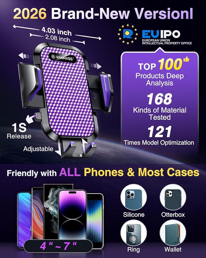 [True Military-Grade] Car Phone Holder [Upgraded Suction & Clip] Cell Phone Mount for Dashboard Windshield Vent Truck Cradle Dash Stand for iPhone 16 Pro Max 15 14 13 12 Android, Purple