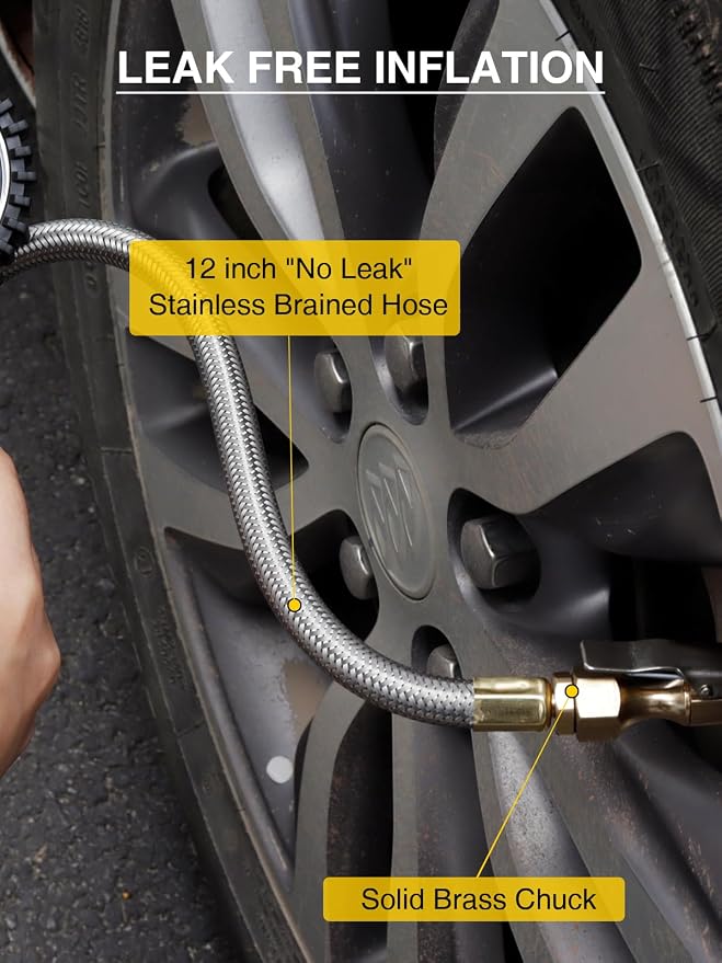 Digital Tire Inflator Gauge 255 PSI, Heavy Duty Tire Pressure Gauge with Air Chuck, Steel Braided Hose, Quick Connect Coupler & Case for Truck RV Trailer