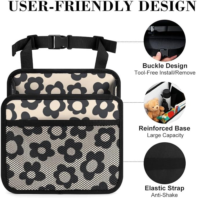 Car Backseat Organizer - Cute Aesthetic Car Storage Bin with Mesh Pocket & Reinforced Base - Universal Fit Hanging Seat Back Accessories for Women (Black)