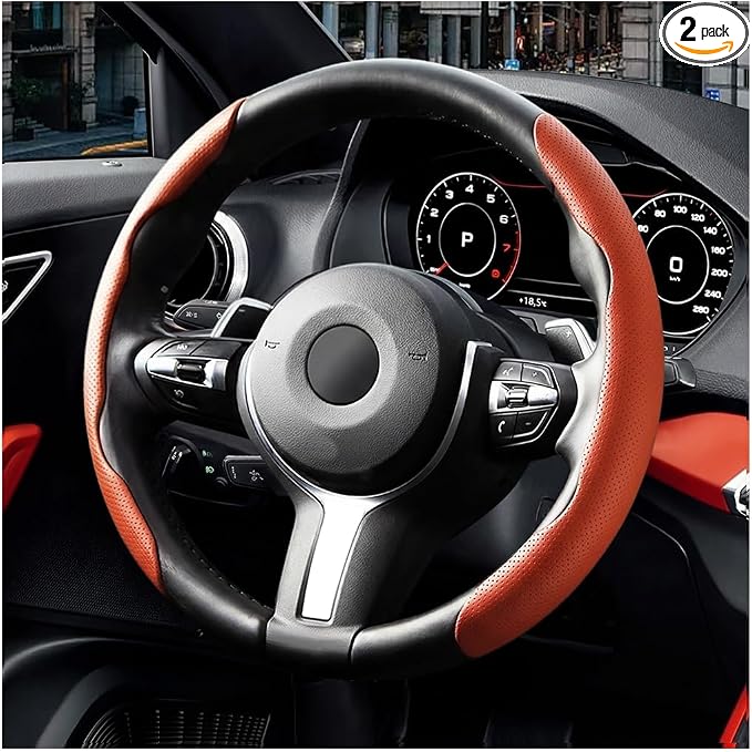 2PCS/Set Car Steering Wheel Cover, Leather Segmented Anti-Slip Automotive Wheel Protector, Soft Breathable Vehicle Steering Protection Covers, Universal Interior Accessories (Orange)