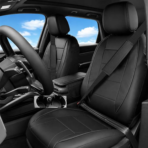 14 PCS Leather Car Seat Covers Full Set, 14.5”-15'' Sporty Steering Wheel Cover Universal, Center Console Cover, Seat Belt Cushion, Cup Holder Coaster, Car Interior Set Black