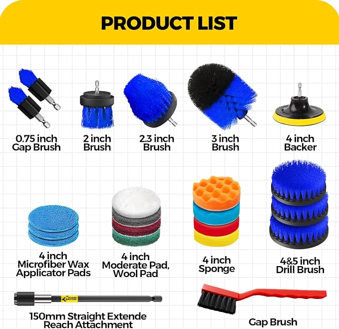 22Pack Drill Brush Attachments Set, Scrub Pads & Sponge, Buffing Pads, Power Scrubber Brush, Car Polishing Pad Kit,Wax Applicator Pad,Car Cleaning Kit,Cleaning Supplies,Masonry Brushes(Blue)