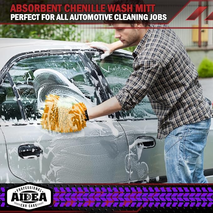 AIDEA Car Wash Mitt Microfiber, 2PK, Car Wash Brush, Orange, 8' X12'' | Scratch Free Lint-Free, Premium Chenille Microfiber Mitt, Cleaning Supplies, Extra Large Size