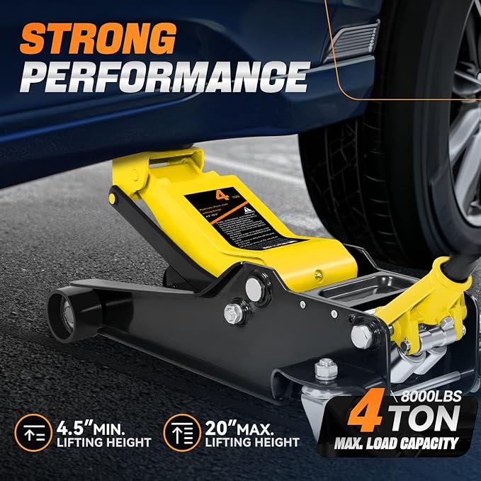 4 Ton Low Profile Floor Jack, Heavy Duty Steel Hydraulic Car Jack with Dual Pistons Quick Lift Pump, Hydraulic Racing Floor Jack, Lifting Range 4.5" to 20", Yellow