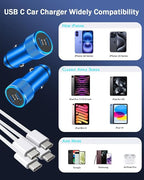 iPhone Car Charger Fast Charging,iPhone 16 Car Charger 2PACK Dual USB C PD3.0 Port CarCharging Adapter and USB C to C Braided Nylon Charging Cable Compatible with iPhone 16/16 Pro Max/15/iPad（Blue）