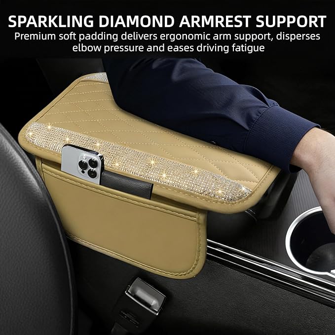 Bling Beige Car Center Console Cover, Leather Car Arm Rest Cover with 2 Storage Bags, Universal Auto Armrest Protector Storage Box, Bling Accessories Interior for Most Vehicles
