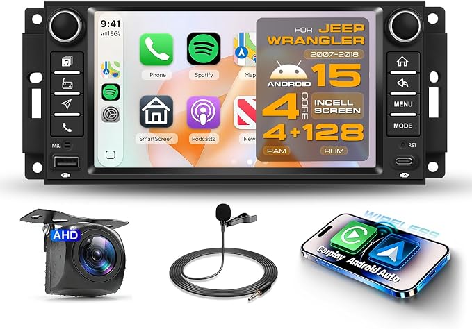 4 Core 4G+128G Car Radio Stereo for Jeep Wrangler 2007–2018 with DSP/Wireless Carplay/Android Auto, 7 inch Incell Touch Screen Wrangler Radio Bluetooth 5.0 FM/RDS Mirrorlink SWC Backup Camera