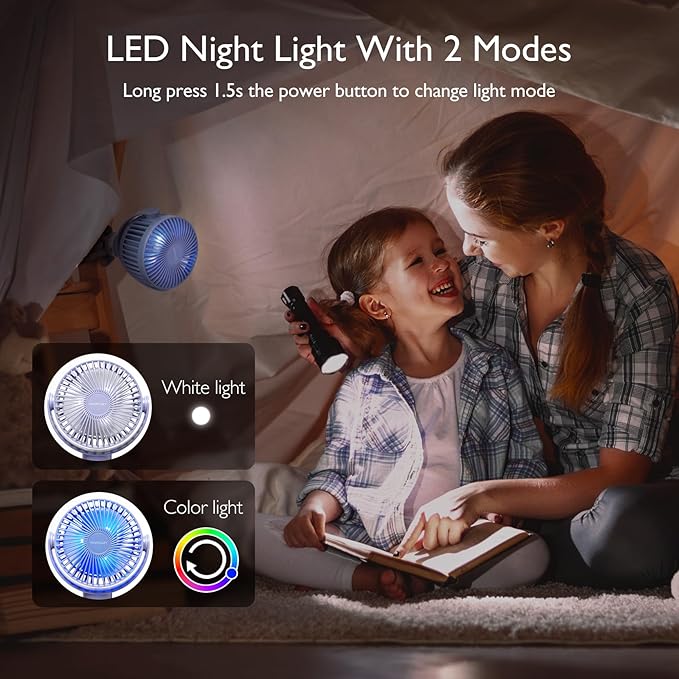 8000mAh Portable Stroller Fan, 27H Ultra-long Battery Life Detachable 4 Speed 360°Rotate LED Night Light with 2 Modes, USB Rechargeable Handheld Cooling Fan for Travel/Car Seat/Bedroom