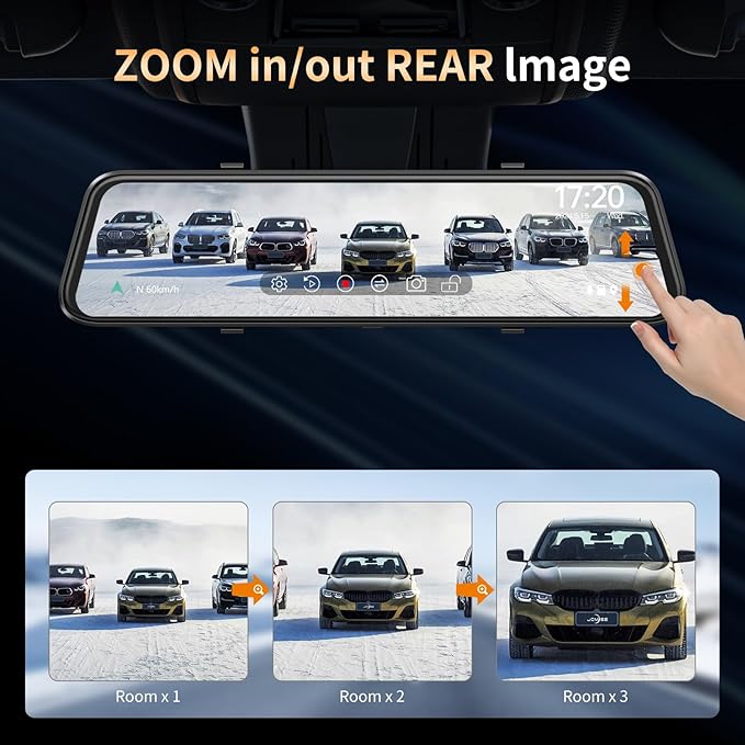 2.5K Mirror Dash Cam with Carplay Mirror & Android Auto, Dash Cam Front and Rear with Zoom Function,12 inches Rear View Mirror Camera with Voice Control/BT Call/64GB Card Included- K17 Pro