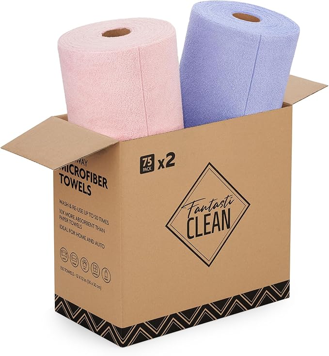 Microfiber Cleaning Cloth Rolls - 150 Sheets (Pink, Lavender) | 12'' by 12'', Super Absorbent, Lint-free, Tear-away Microfiber Towel Roll, for All-Purpose Cleaning