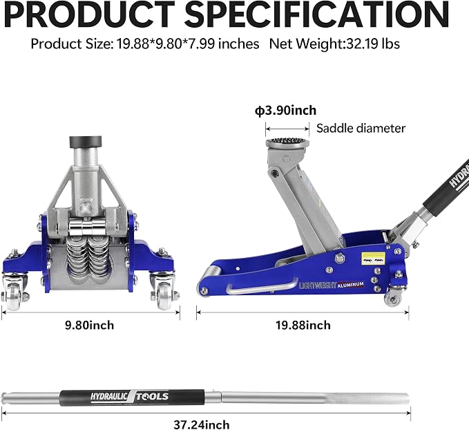 Floor Jack 1.5 Ton Hydraulic Low Profile Aluminum and Steel Car Jack, Lightweight Service Jack with Quick Lift Dual Pump, 3,000 lb Capacity, Lift Range 3.3"-18.5",Blue