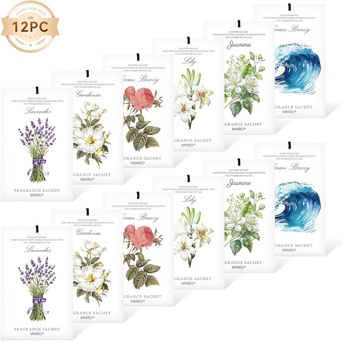 12 Pack Assorted Floral Scented Sachets - Lavender, Rose, Jasmine, Ocean, Gardenia & Lily | Drawer, Closet & Car Air Freshener Bags | Multi-Scent Home Fragrance Gift Set