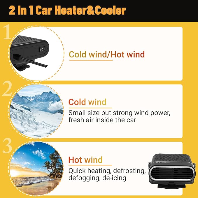 Car Heater - Portable Heaters for Vehicle, 12V 200W Plug in Cigarette Lighter Heaters, Windshield Defroster Window Demister, Auto Defogger With 360°Heating and Cooling for All 12 Volt Vehicles
