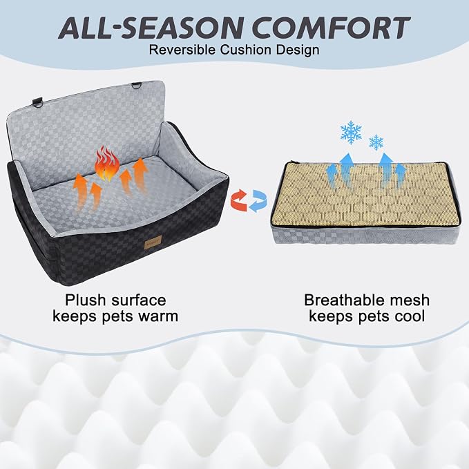 Dog Car Seat for Medium/Large Dogs - Reversible Dual-Sided Travel Dog Car Bed with Memory Foam, Washable Pet Booster Seat for Do gs up to 55 lbs or 2 Small Dogs, 2 Safety Leashes, Grey