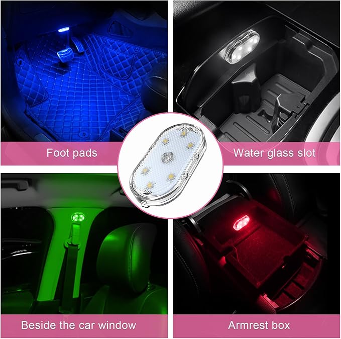 2 PCS Wireless Led Lights for Car Interior, 7 Colors Magnetic Auto Ambient Light with 6 Bright LED Lamp Beads, USB Rechargeable Vehicle Led Night Light, Car Accessories (Colorful)