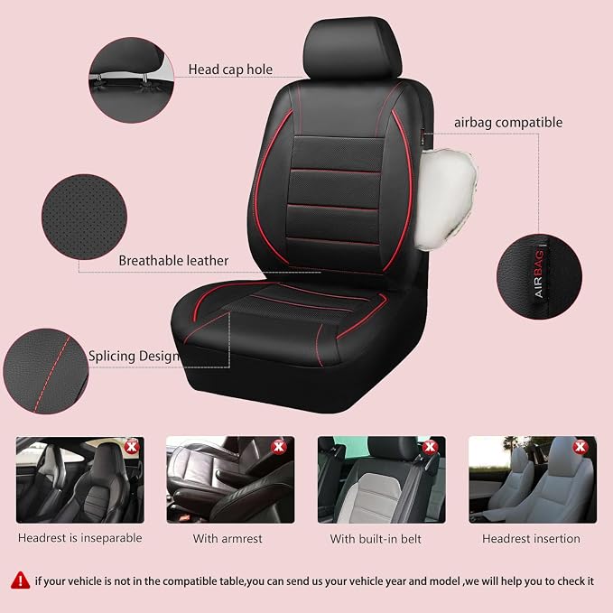 Universal FIT Piping Leather Car Seat Cover, for suvs,Van,Trucks,Airbag Compatible,Inside Zipper Design and Reserved Opening Holes (Full Set, Black and Red)