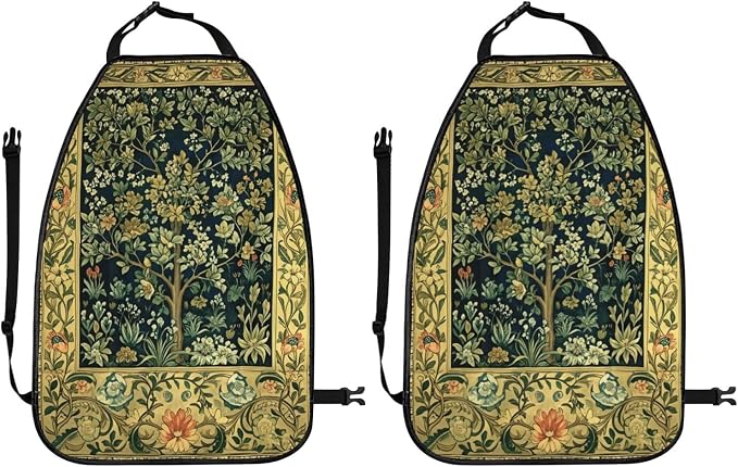 William Morris Greenery Forest Tree Floral Animals Blue Green Car Seat Back Kick Protectors Kick Mats With Storage Pockets For Vehicles To Protect From Dirt Mud Scratches 2 Pack