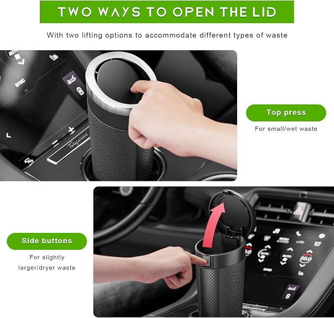 Car Trash Can Bin with Lid, Cup Holder Garbage Container Leakproof Vehicle Door Trash Bin, Mini Portable Dustbin Multipurpose Organizer for Auto Side Door Home Office (Black)
